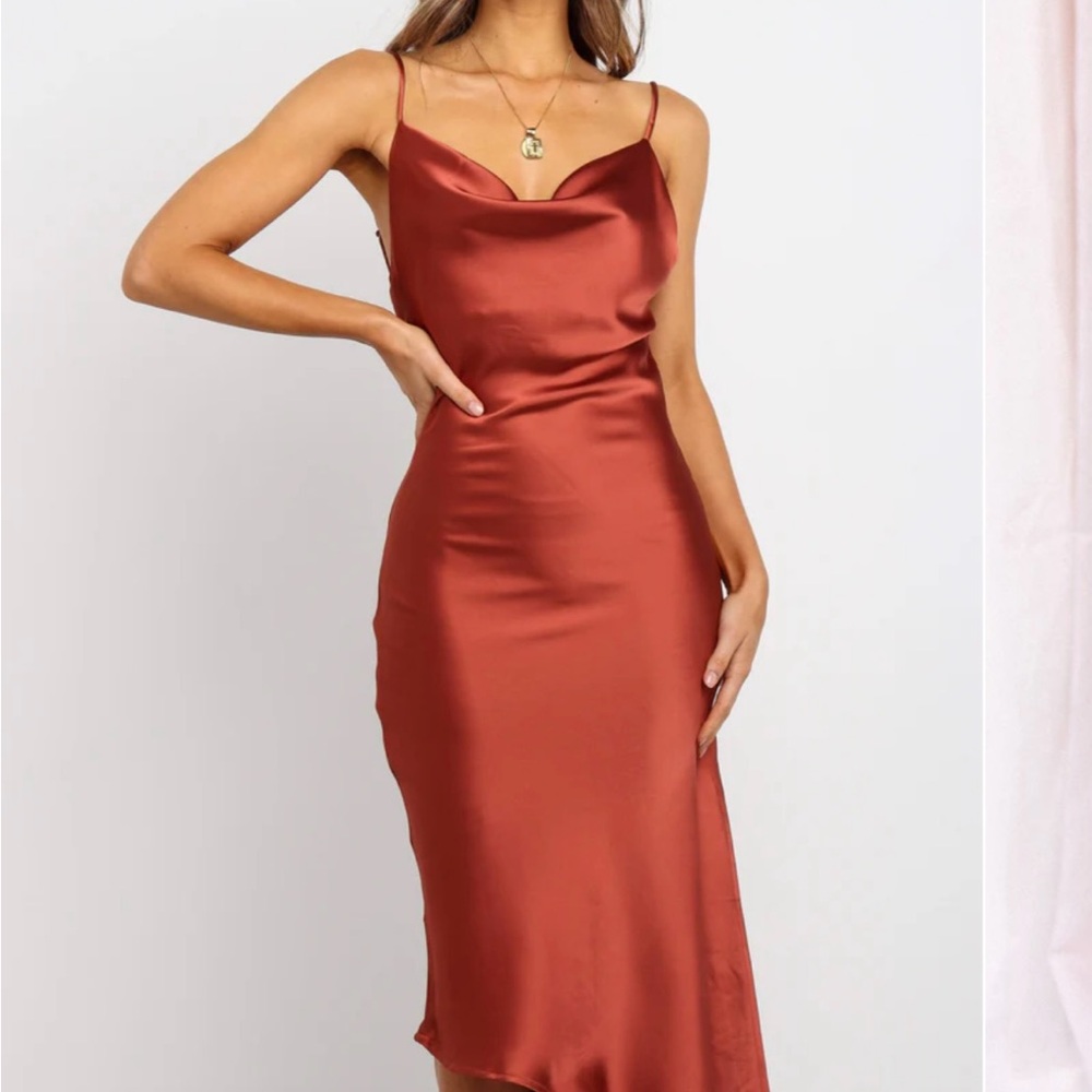 Petal & Pup Brown Orange Midi Slip Dress with Cowl Neck for Cocktail